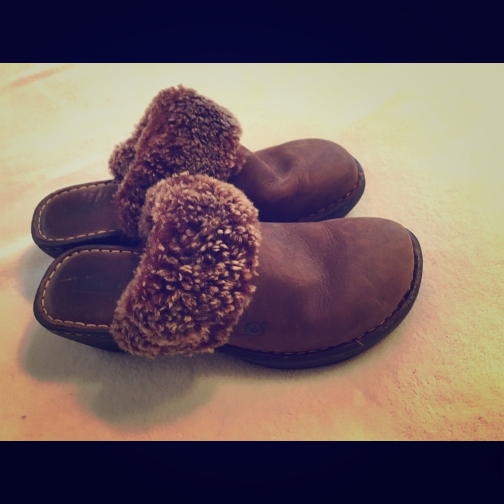 Born Brown Leather Shearling Clog Mules